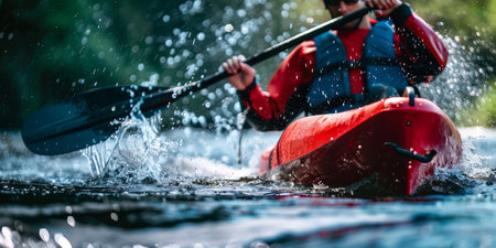 A man in a red life jacket paddles a red kayak in the waterの素材