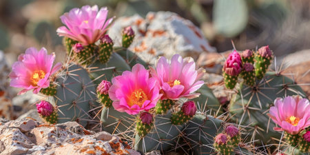 A group of pink flowers are growing on a rocky surfaceの素材