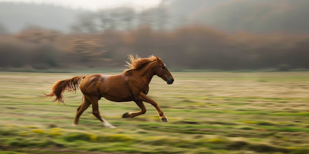A brown horse is running through a fieldの素材