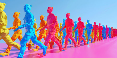 A group of people are walking in a lineの素材