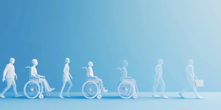 A group of people are walking in a line, some of them in wheelchairsの素材