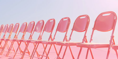 A row of pink chairs are lined up in a rowの素材