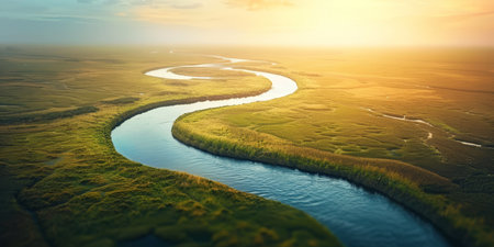 A river runs through a grassy plainの素材