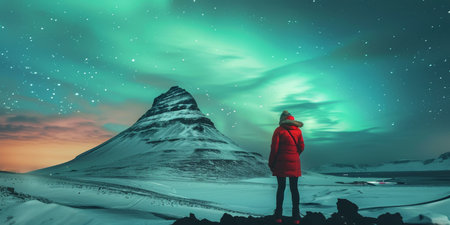 A person in a red jacket stands on a snowy mountain, looking up at the skyの素材