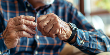 An older man is wearing a watch and holding a pair of scissorsの素材