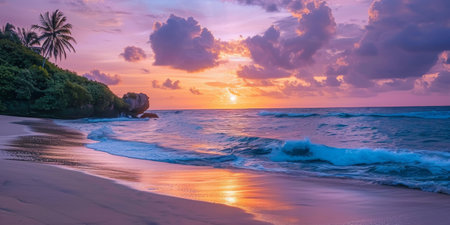 A beautiful sunset over the ocean with a palm tree in the backgroundの素材
