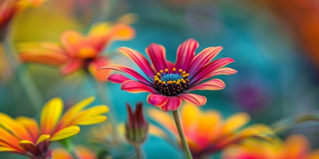 A colorful flower with a yellow center and red petalsの素材