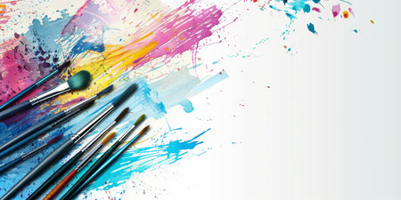 A colorful painting with a variety of paintbrushes and paint tubesの素材