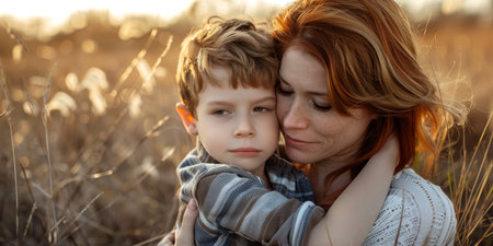 A woman and a boy are sitting in a fieldの素材
