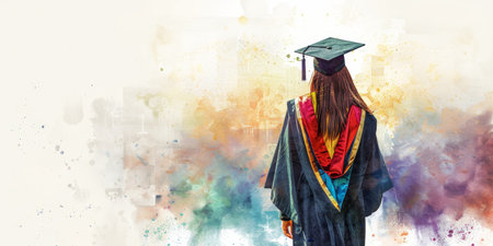 A woman in a graduation gown stands in front of a colorful backgroundの素材