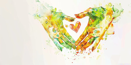 A painting of two hands holding a heartの素材