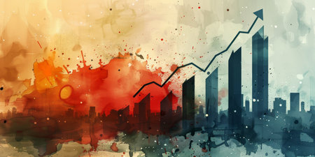 A painting of a city skyline with a red sun in the backgroundの素材