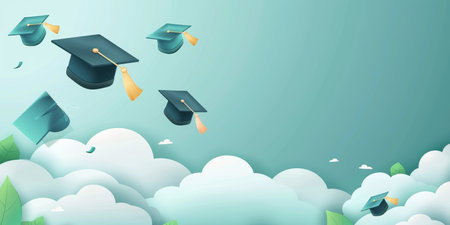 A blue sky with four graduation caps flying in the airの素材