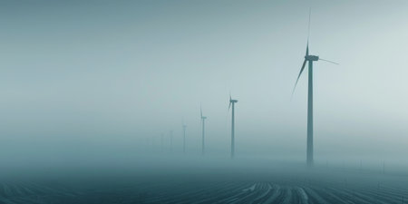 A field of wind turbines is shown in a foggy, misty atmosphereの素材