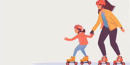 A woman is holding a child on roller skatesの素材