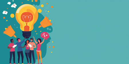 A group of people are standing around a light bulbの素材