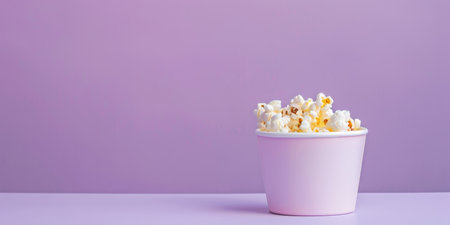 A bowl of popcorn sits on a purple backgroundの素材