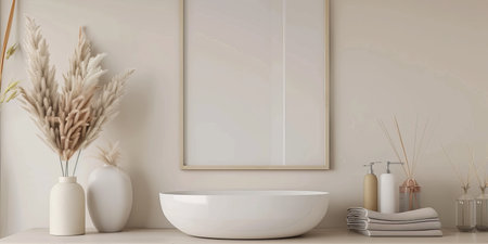 The photo shows a bathroom sink with a vase of dried flowers and a blank frame on the wall. The sink is made of white ceramic and is sitting on a white counter. The vase is filled with beige and white dried flowers. The frame is made of light wood and is empty. The wall is painted in a light beige color.の素材