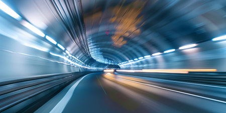 The photo shows a car driving through a tunnel. The car is blurred, and the tunnel is in focus. The photo is taken from the perspective of the driver.の素材