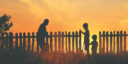 A father and son are playing in the yard while the mother looks on.の素材