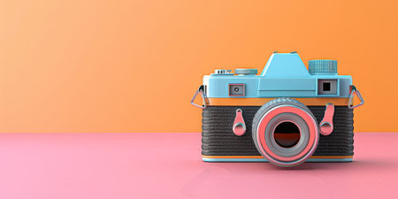 A blue and black vintage camera on a pink table with an orange background in the back.の素材