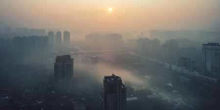 Cityscape shrouded in morning mistの素材