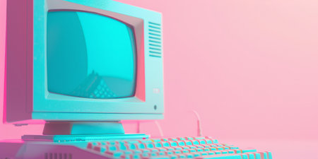 A blue and pink retro computer on a pink background.の素材