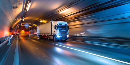 Motion blur image of semi truck with cargo trailer driving fast through tunnelの素材
