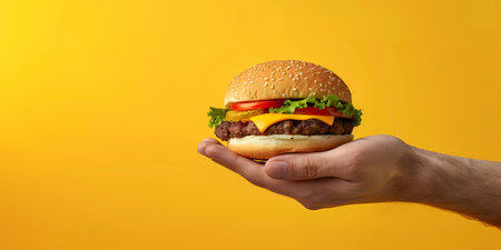 A hand holding a delicious cheeseburger on a yellow background.の素材