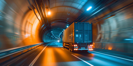 A semi truck speeds through a tunnel.の素材