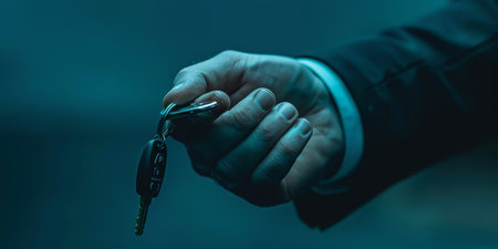 A hand holding a key. The hand is dark and mysterious. The key is silver and shiny. The background is dark blue.の素材