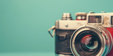 Close-up of a vintage camera lens with a blue background.の素材