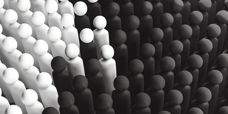 3D rendering of a large crowd of people. Some people are black, some are white, and some are in between.の素材
