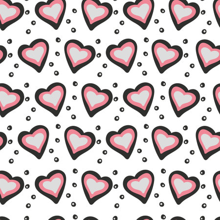 Seamless pattern with dark grey, pink and light grey hearts and dots. Vector illustration.