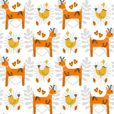 Bright seamless pattern with deer and bird. Made in a rustic style in orange and yellow. Vector illustration on a white background.のイラスト素材