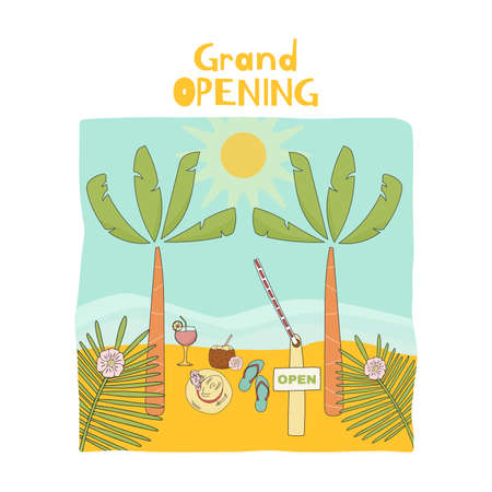 Illustration of a beach with an open barrier and summer items. The concept of open borders, the beginning of the tourist season after the pandemic. The objects are uncut and editable. Bright vector illustration.のイラスト素材