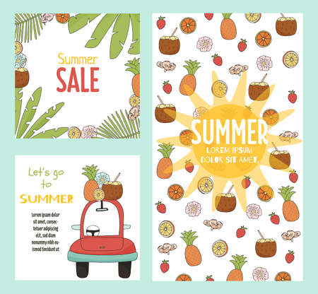 A set of templates for social media with summer items. The concept of summer sales, vacations and travel. Bright vector illustrations.のイラスト素材