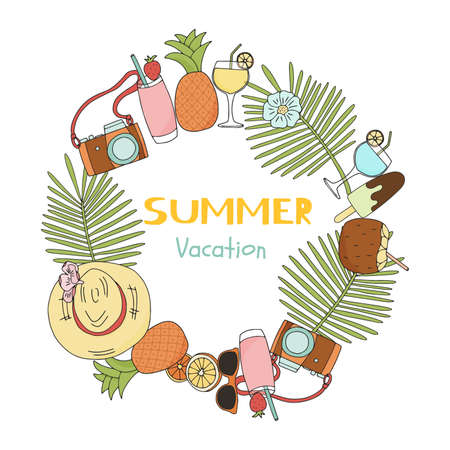 Square template with summer items for social media, flyer, poster. The concept of vacation, travel and summer weekends. The objects are uncut and are editable.のイラスト素材