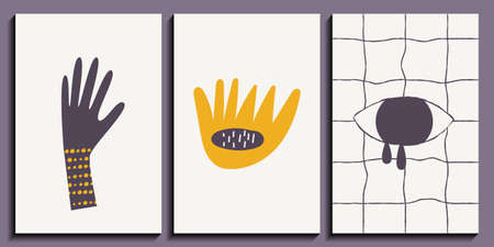 Minimalist art posters set with hand, eye and abstract plant. Abstract aesthetic in contemporary...