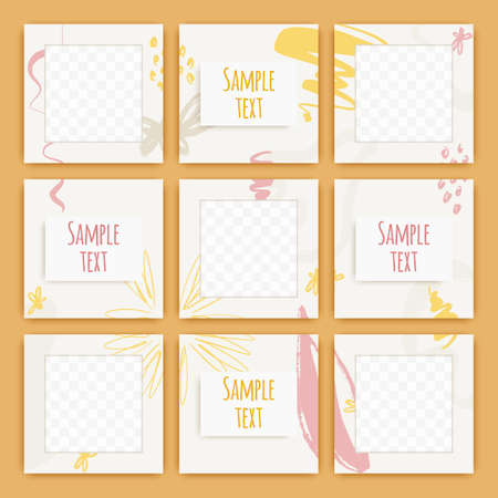 Editable modern social media puzzle frame grid with abstract shapes and line art. Minimalist abstract organic background. Set of square post template for social media.のイラスト素材