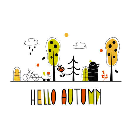 Hello autumn vector illustration. Outline cartoon landscape. Hand Drawn colored letters. Fall season with bright colored spots. Great for cards, posters, banner, invitationsのイラスト素材