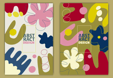 Set of Autumn abstract backgrounds. Fall cover design with organic shapes in retro palette colorsのイラスト素材