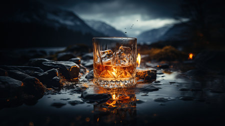 Whiskey with ice cubes on a rocks in a glass on a Scottish highland landscape dark backgroundの素材