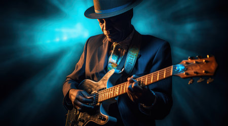 Blues Guitarist Immersed in the Rhythm Under Blue Spotlightの素材
