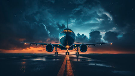 Twilight Takeoff: A Jet Awaits Departure Under Starry Skiesの素材