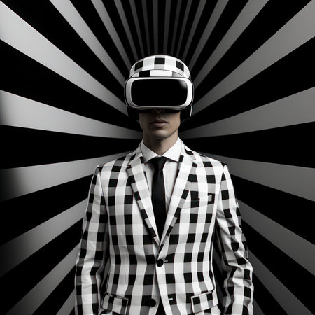 A striking portrait of a man clad in a black and white checkerboard suit, with a virtual reality headset, against a hypnotic backgroundの素材
