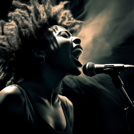 Soulful Echoes: A Passionate Singer Immersed in a Musical Performanceの素材