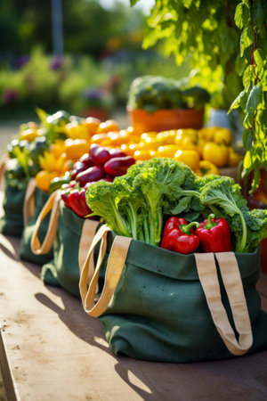 Canvas bags bridging with fresh vegetables sit on a wooden table at a local farmers market, showcasing the bounty of seasonal produceの素材