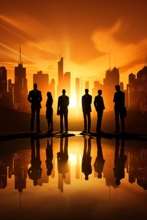 An evocative illustration featuring silhouetted professionals in sharp suits against an urban skyline bathed in the golden hues of sunset, reflecting on the water's surfaceの素材