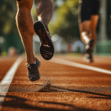 Close-up image of a male athlete running on a track.の素材